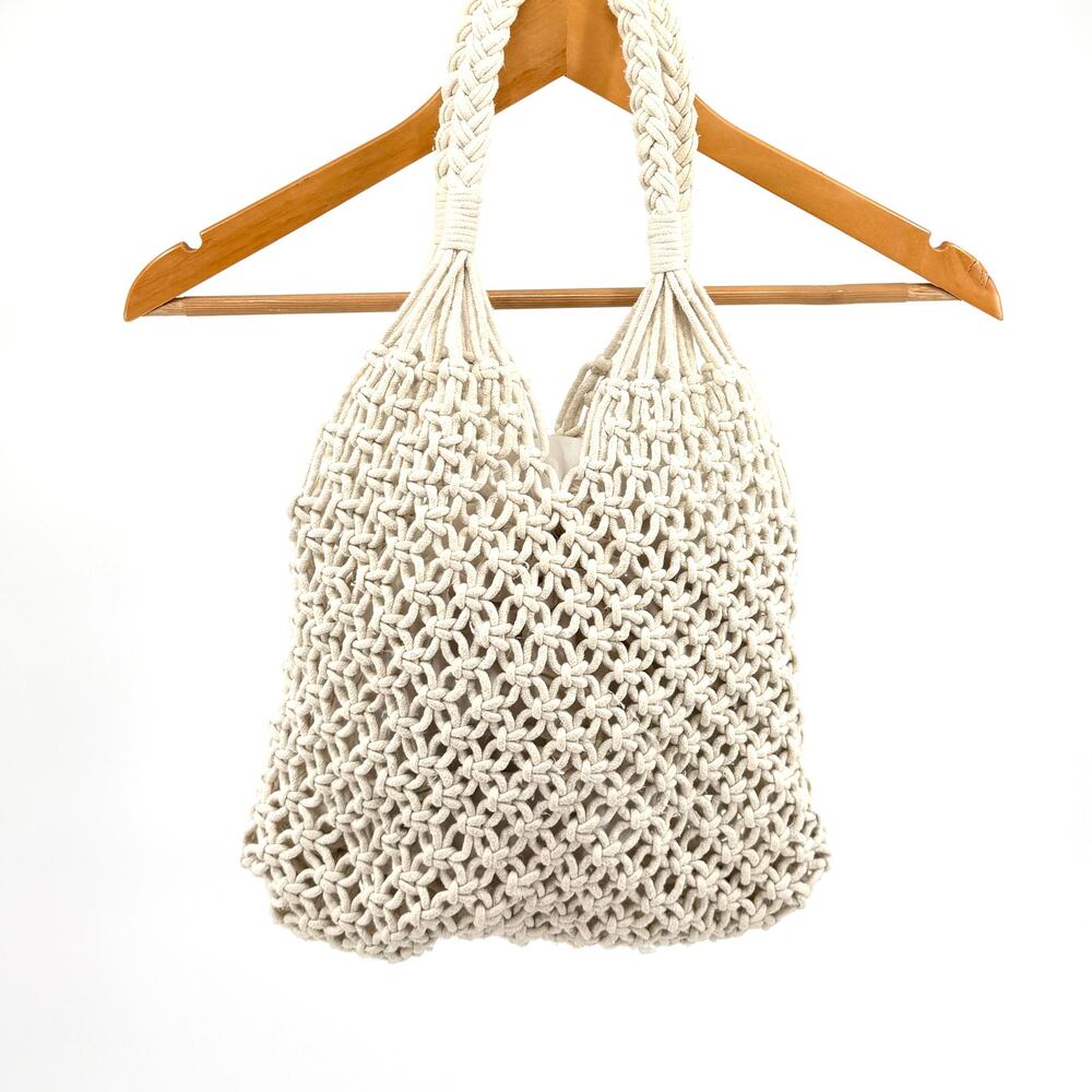 Vintage 90s Boho Coastal Cream Cotton Cord Macrame Handbag